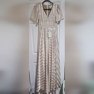 SHAN Elegant Cream and White Striped Midi Skirt